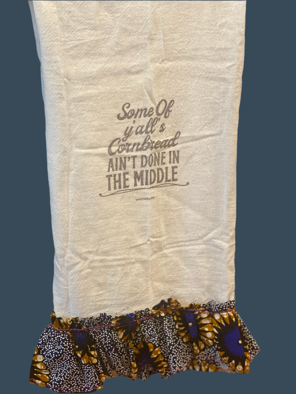 Ruffle White Cotton Hand Towel with “Some of Ya’ll’s cornbread Ain’t Done in The Middle”