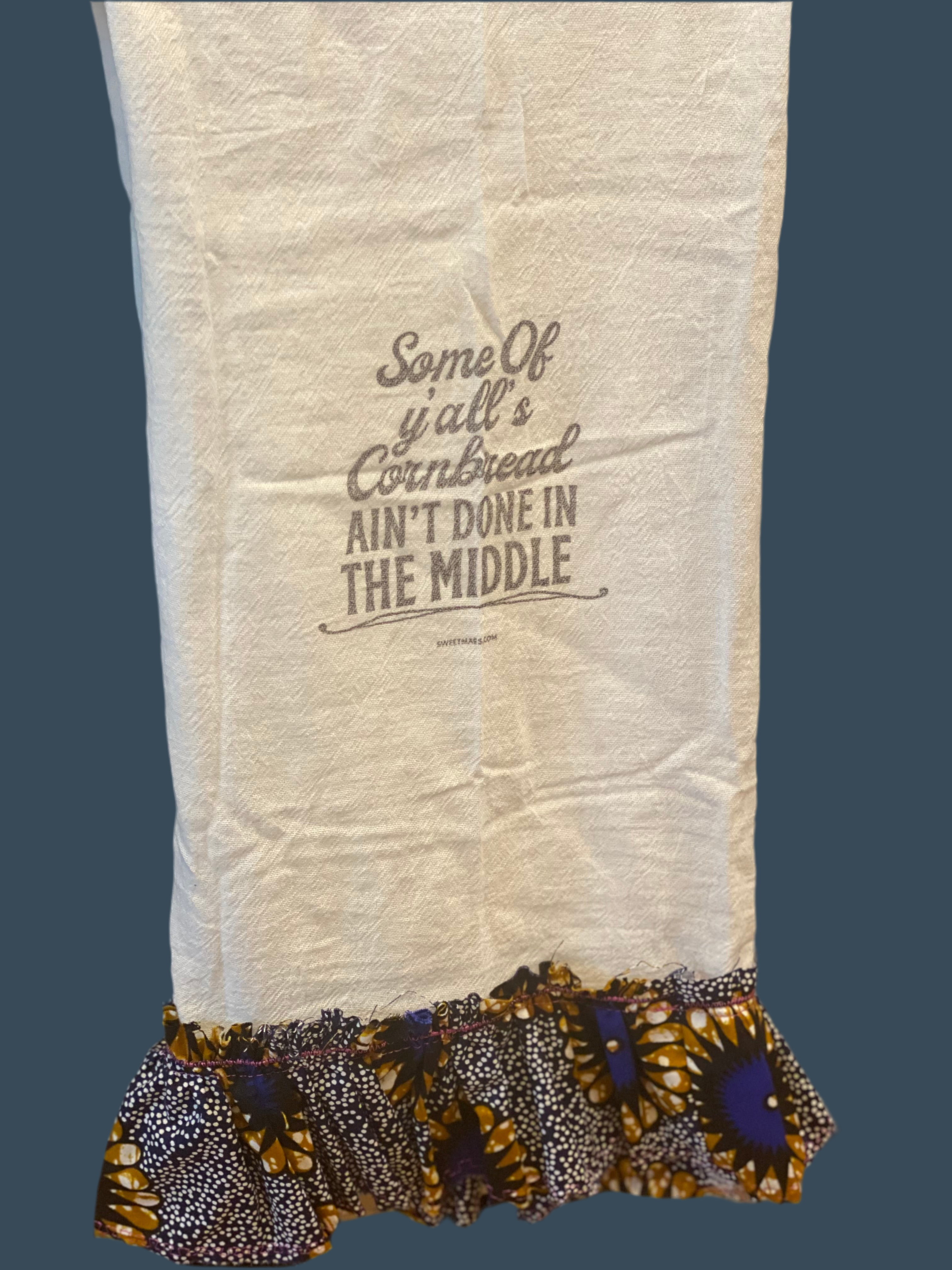 Ruffle White Cotton Hand Towel with “Some of Ya’ll’s cornbread Ain’t Done in The Middle”