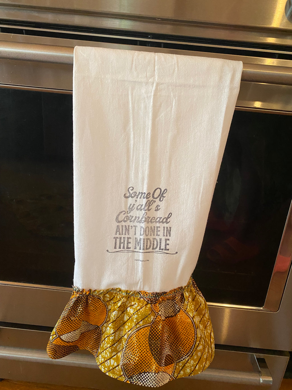 Ruffle White Cotton Hand Towel with “Some of Ya’ll’s cornbread Ain’t Done in The Middle”