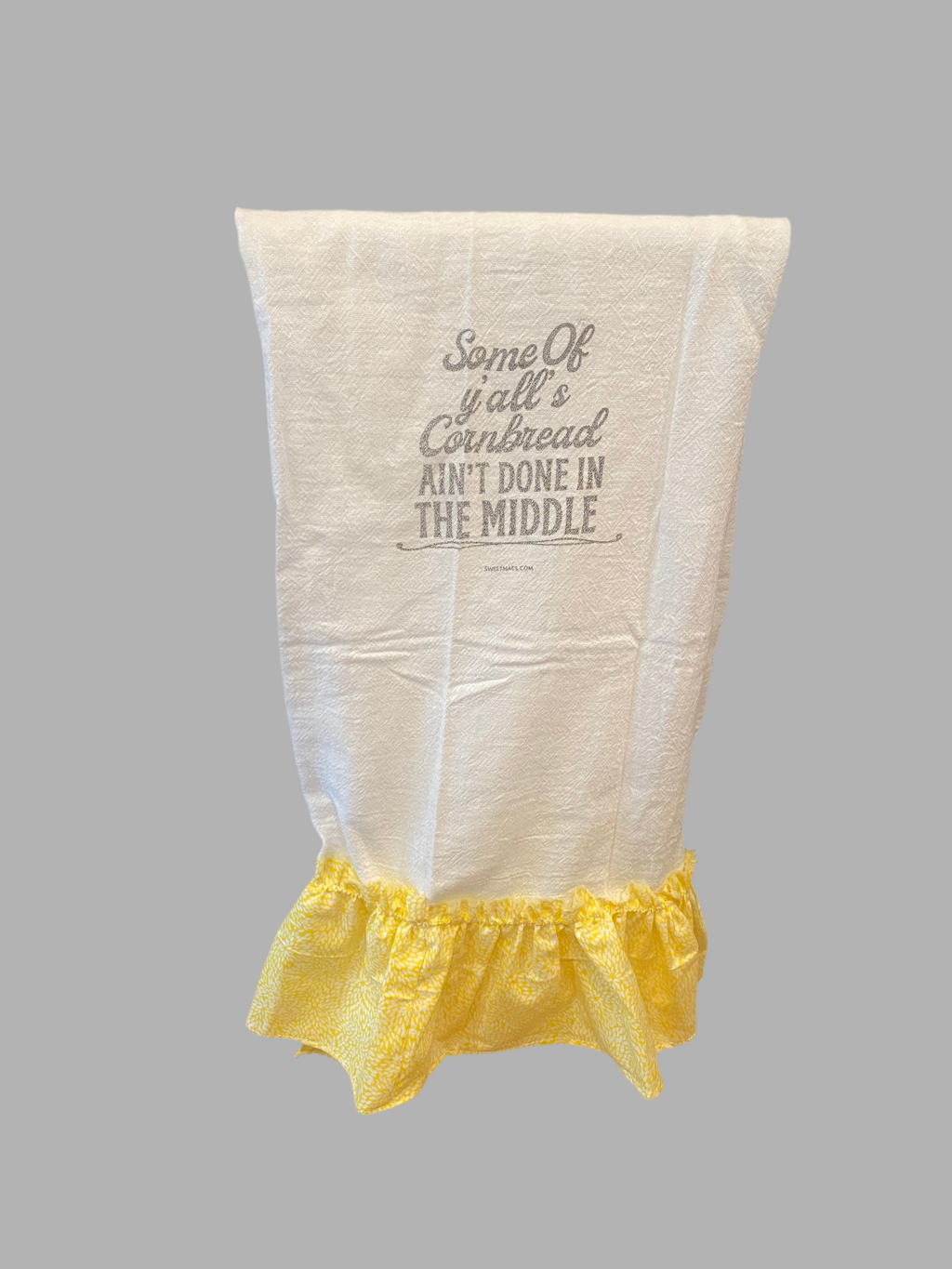 Ruffle White Cotton Hand Towel with “Some of Ya’ll’s cornbread Ain’t Done in The Middle”