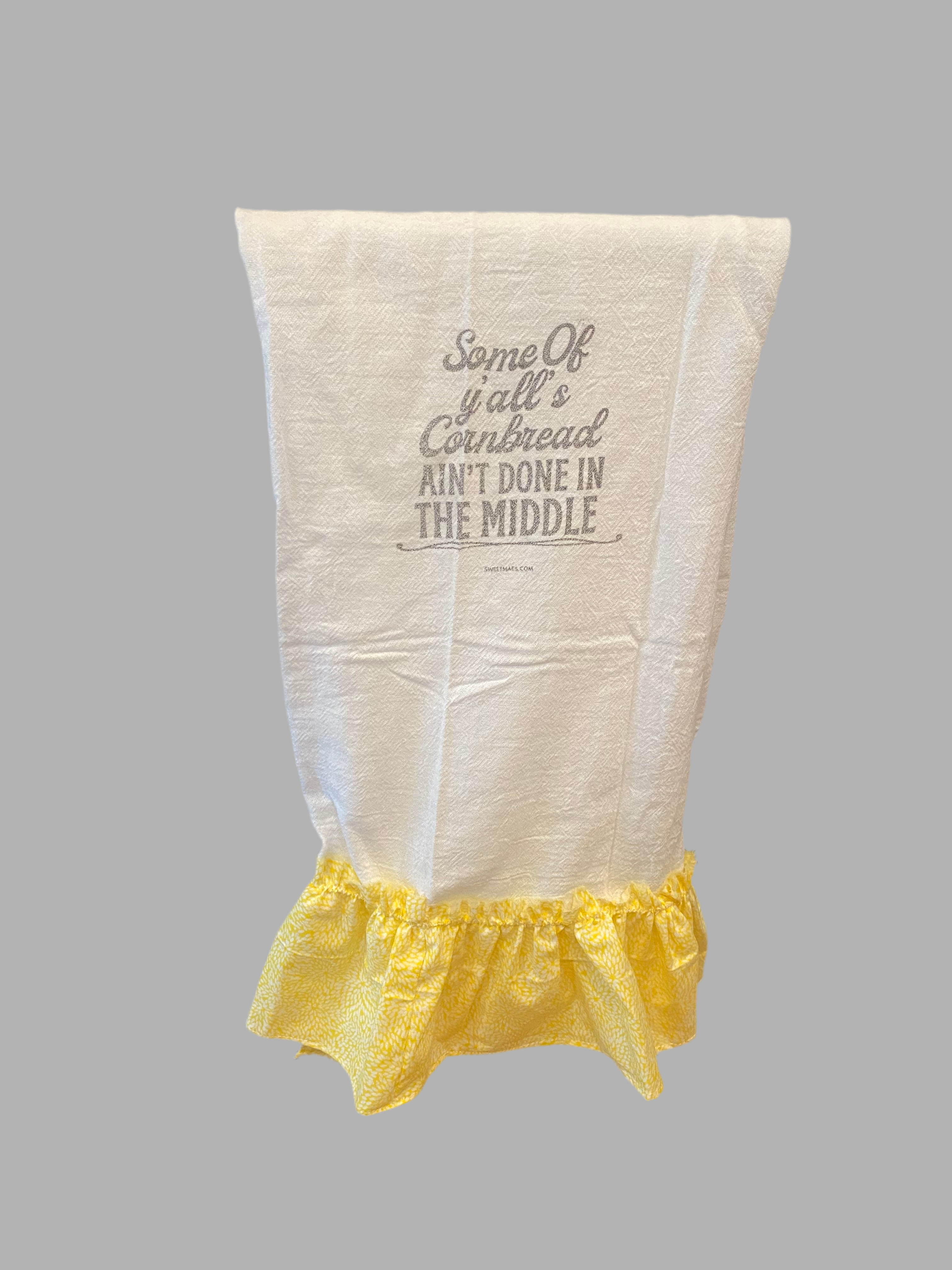 Ruffle White Cotton Hand Towel with “Some of Ya’ll’s cornbread Ain’t Done in The Middle”