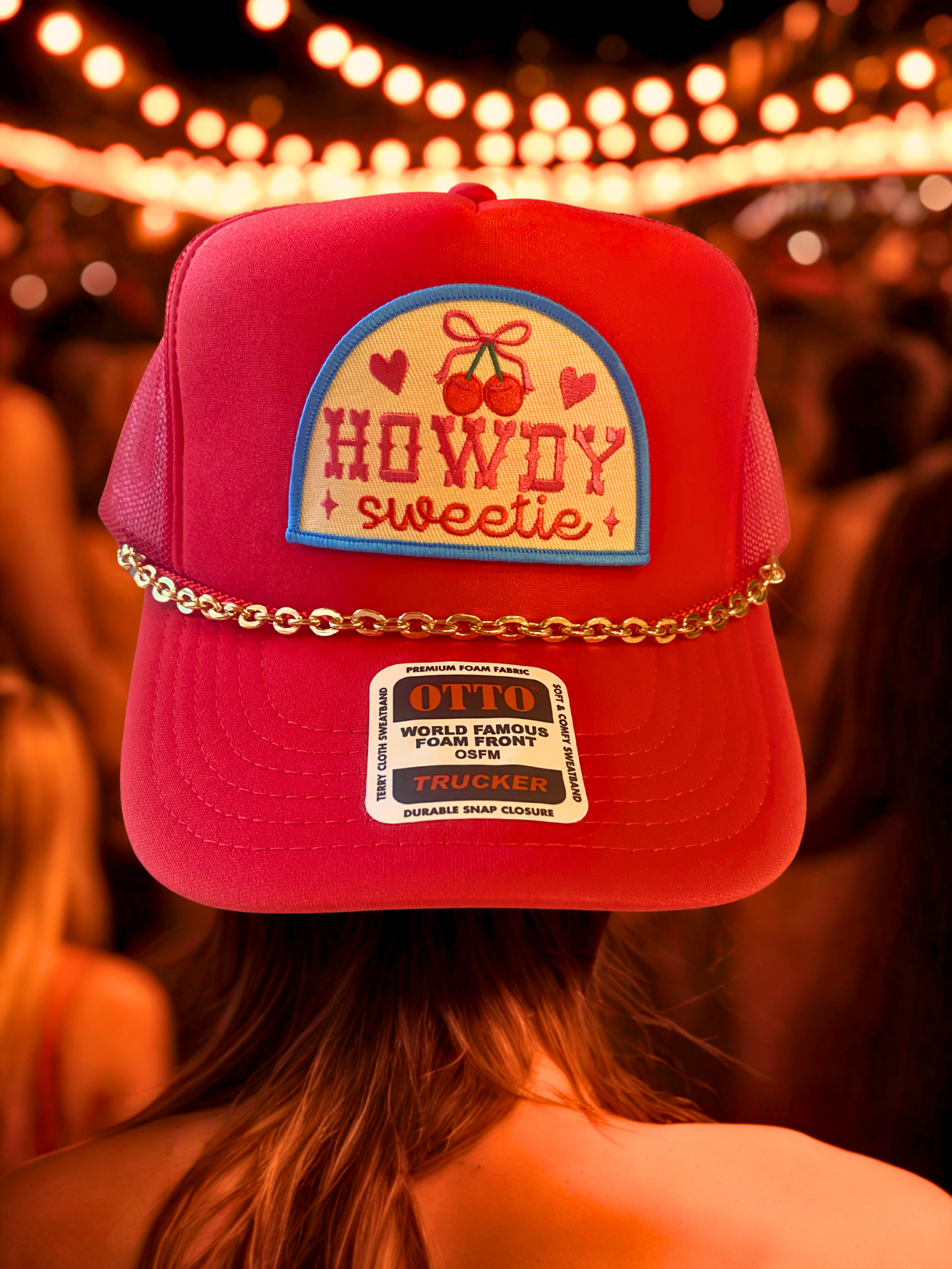 Howdy Sweetie-Trucker Hat Red with pearls or gold chain