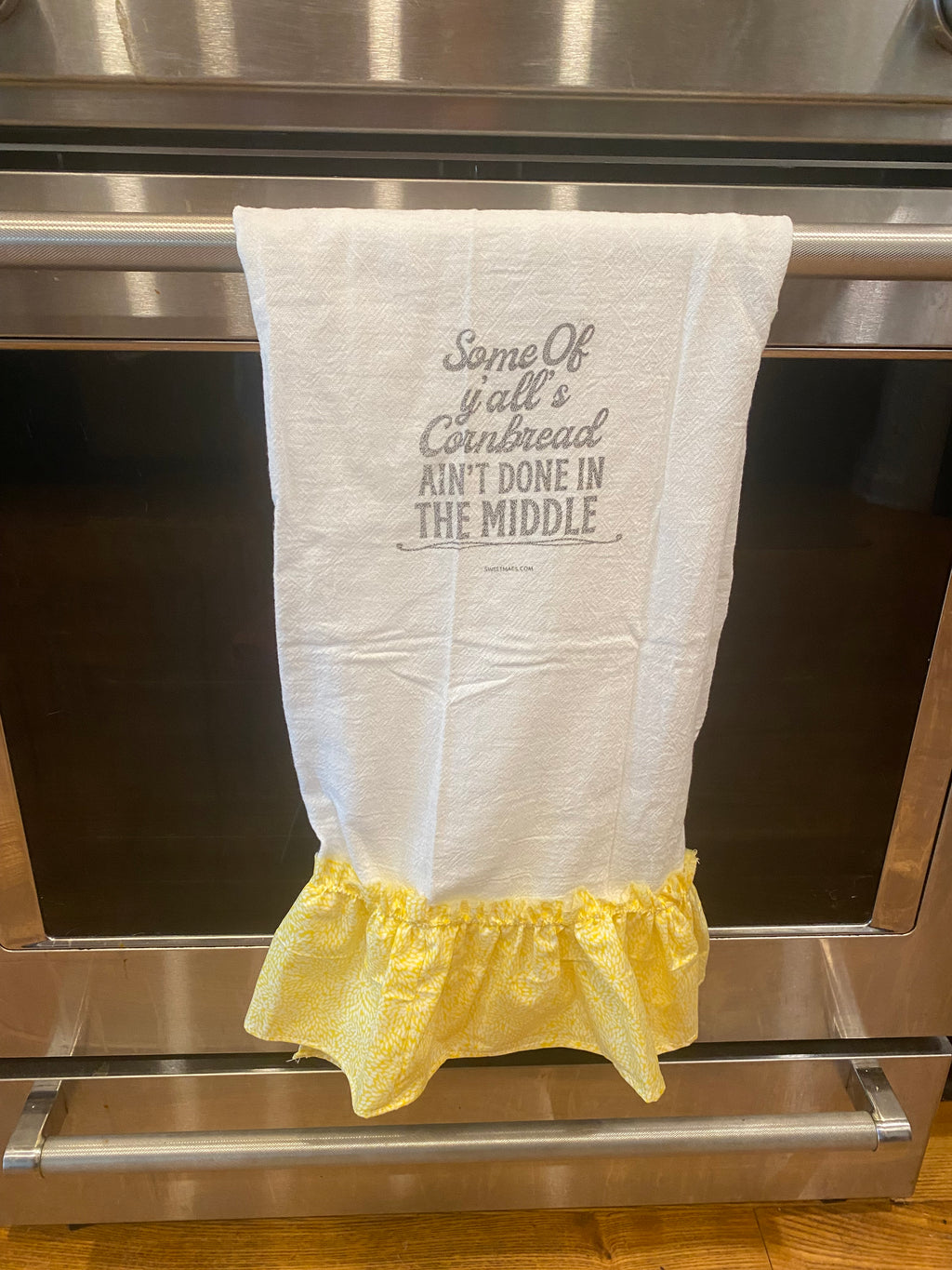 Ruffle White Cotton Hand Towel with “Some of Ya’ll’s cornbread Ain’t Done in The Middle”
