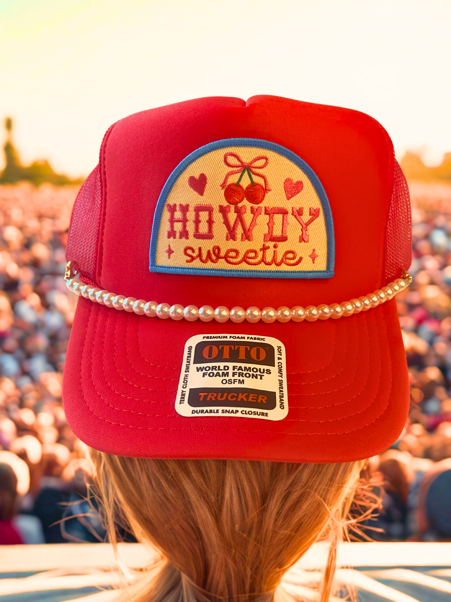 Howdy Sweetie-Trucker Hat Red with pearls or gold chain