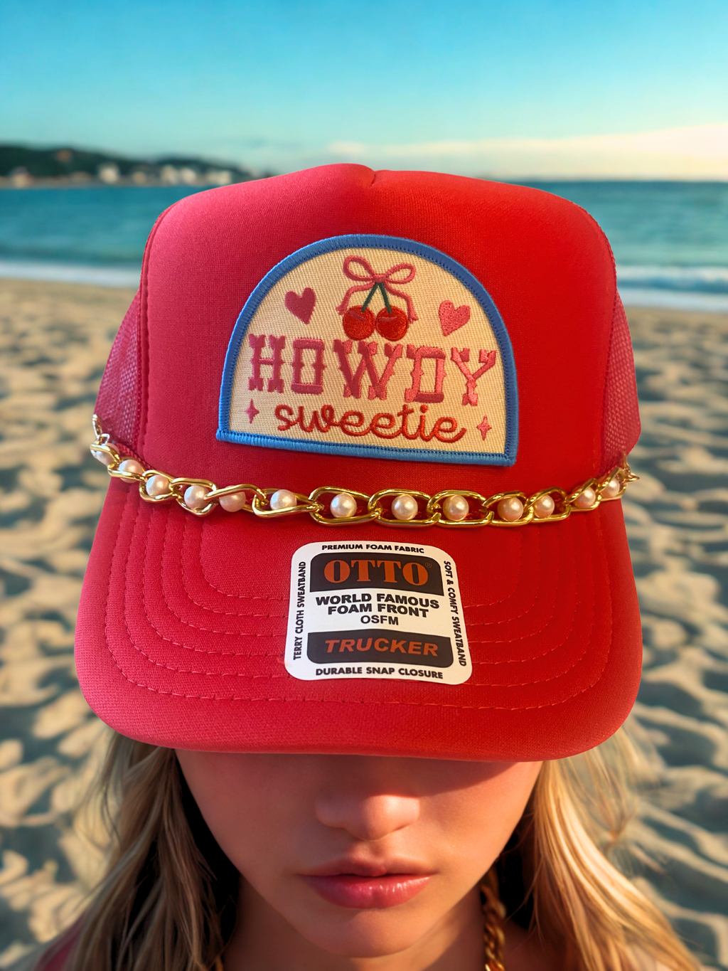 Howdy Sweetie-Trucker Hat Red with pearls or gold chain