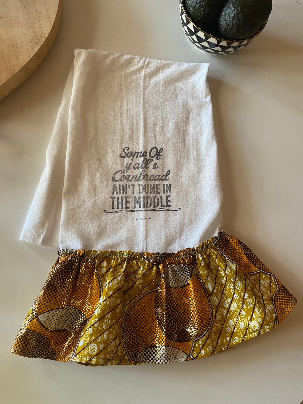 Ruffle White Cotton Hand Towel with “Some of Ya’ll’s cornbread Ain’t Done in The Middle”