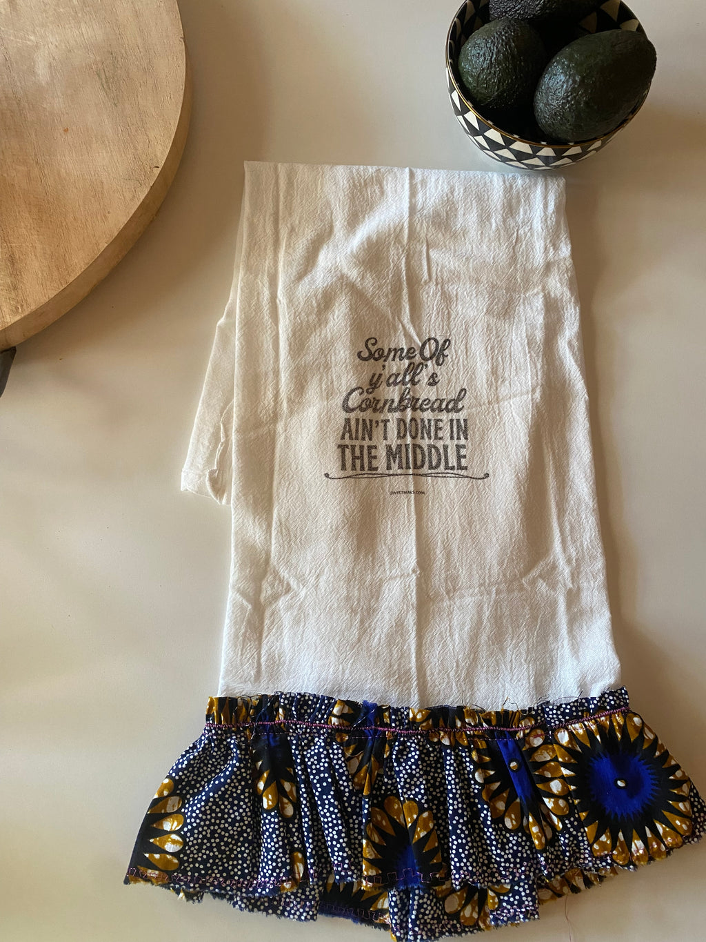 Ruffle White Cotton Hand Towel with “Some of Ya’ll’s cornbread Ain’t Done in The Middle”