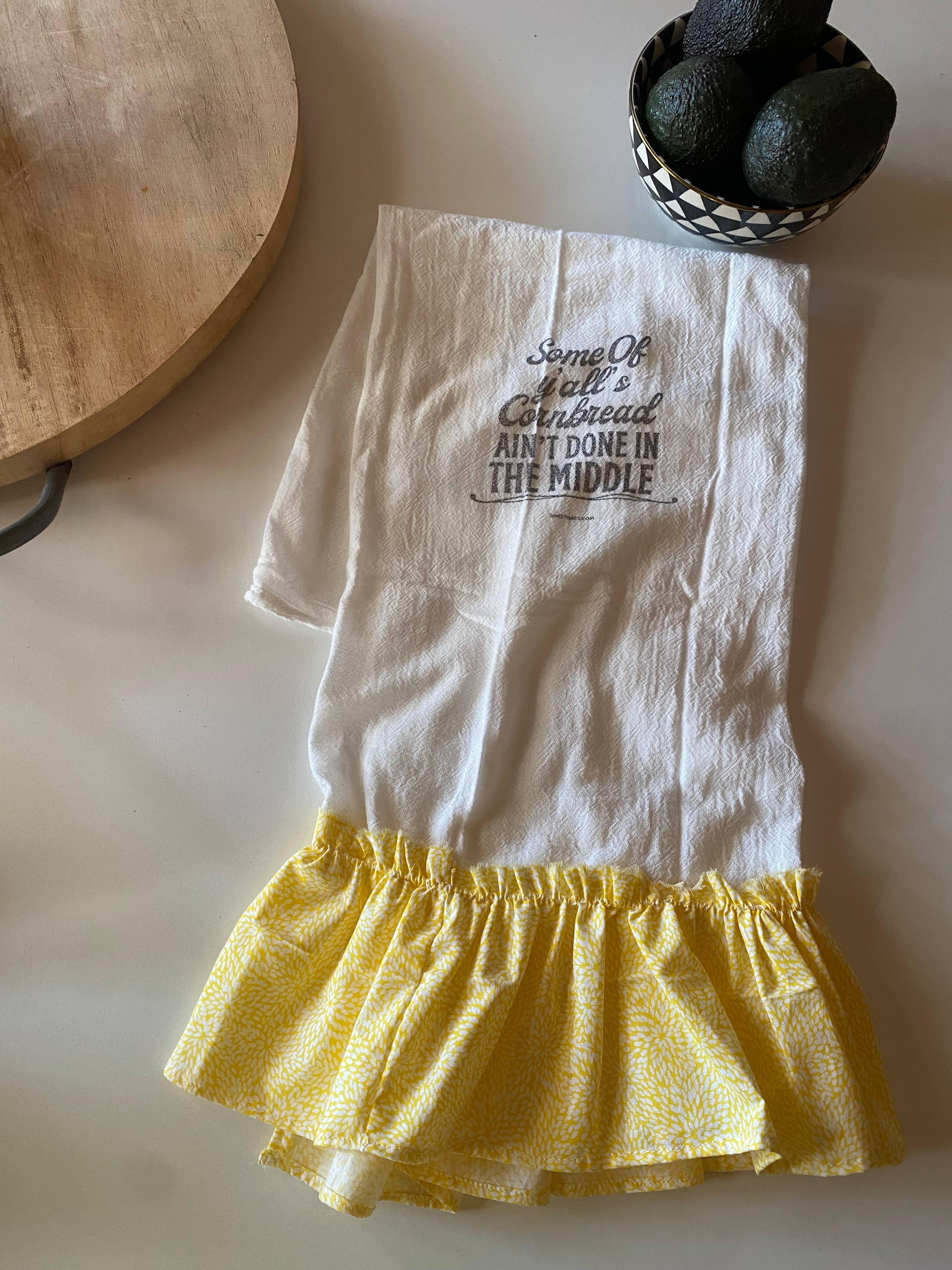 Ruffle White Cotton Hand Towel with “Some of Ya’ll’s cornbread Ain’t Done in The Middle”